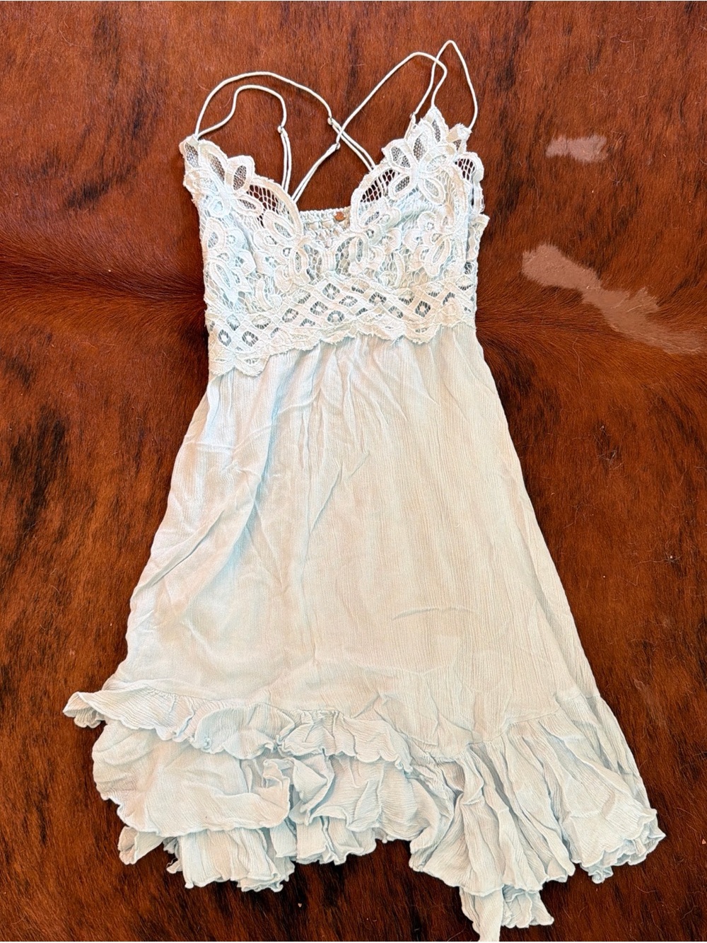 Free People Light Blue Lace-Trim Mini Slip Dress